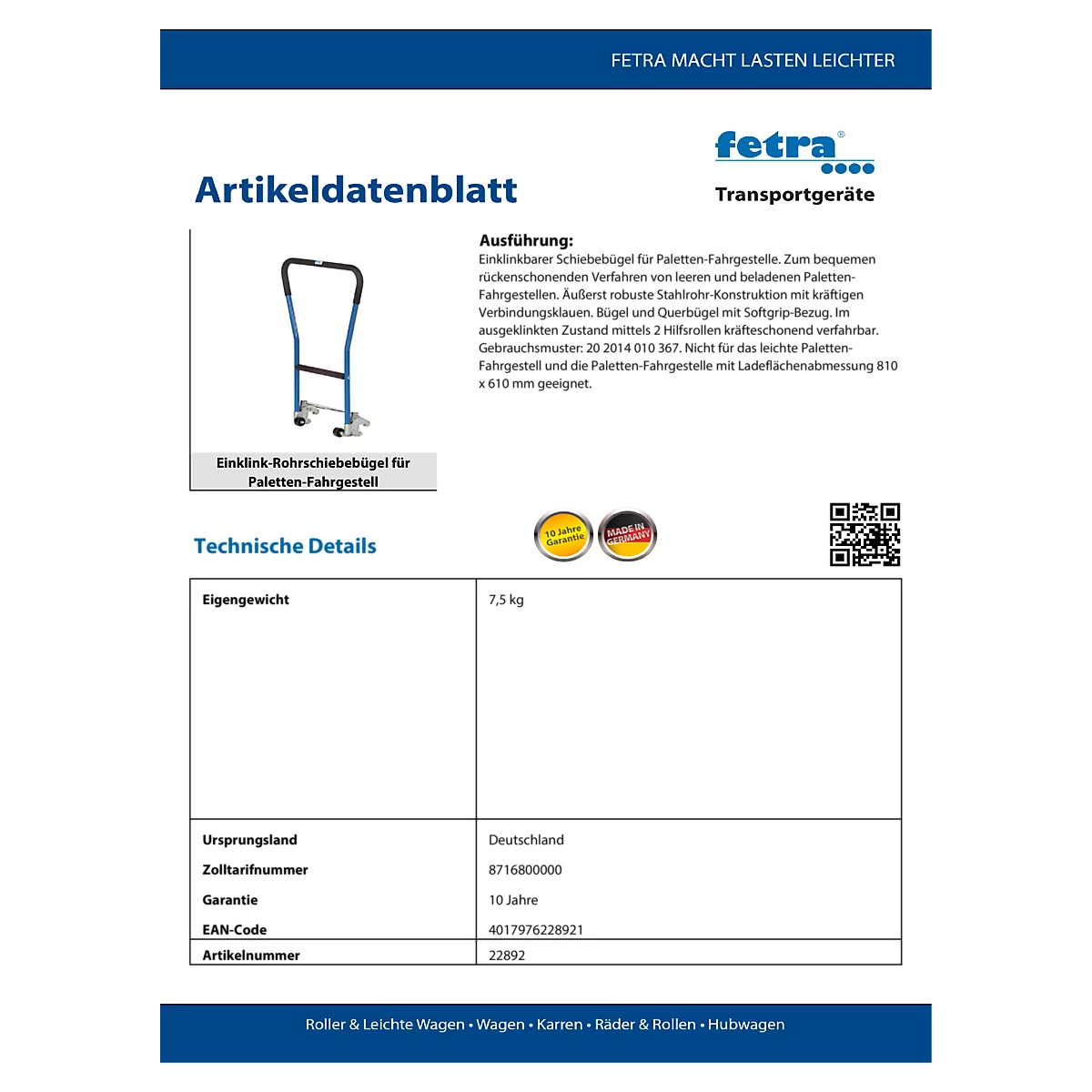 Duwbeugels, voor palletonderstel, stalen buis, blauw, insteekbaar, 2 hulpwielen