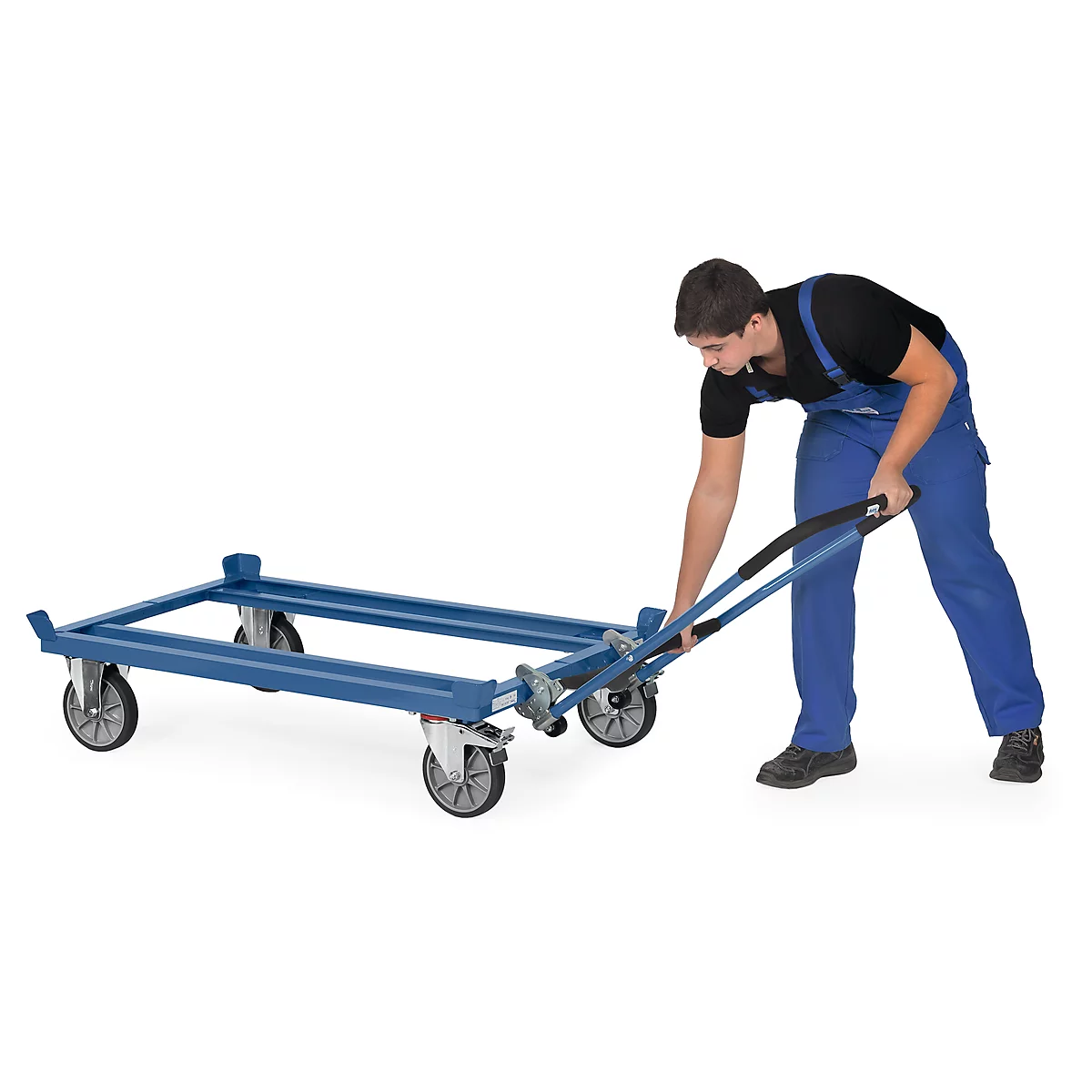 Duwbeugels, voor palletonderstel, stalen buis, blauw, insteekbaar, 2 hulpwielen