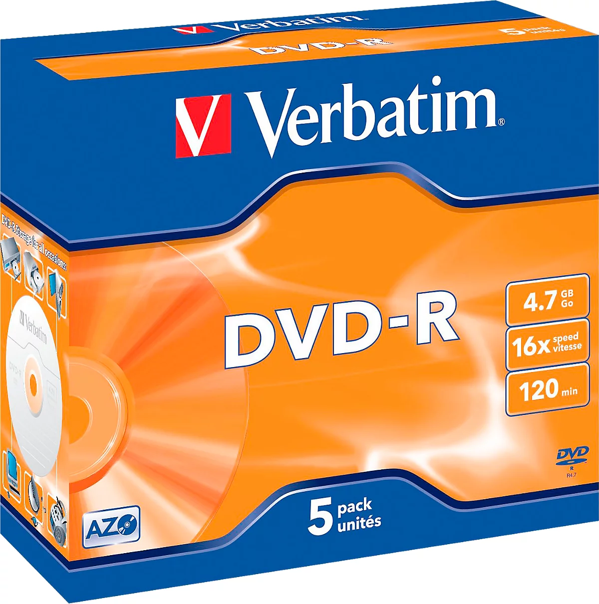 DVD-R de Verbatim®, hasta 16 veces, 4,7 GB/120 min, juego de 5 JewelCase