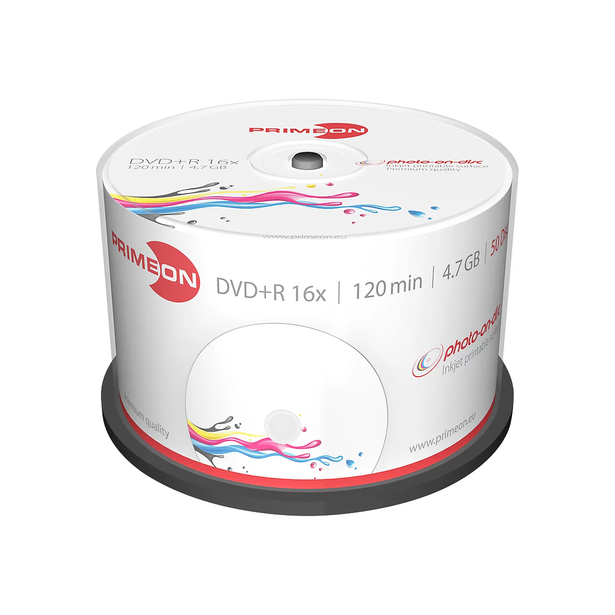 DVD+R PRIMEON, imprimable, jusqu'à 16 fois, 4,7 Go / 120 min., spindle de 50 unités
