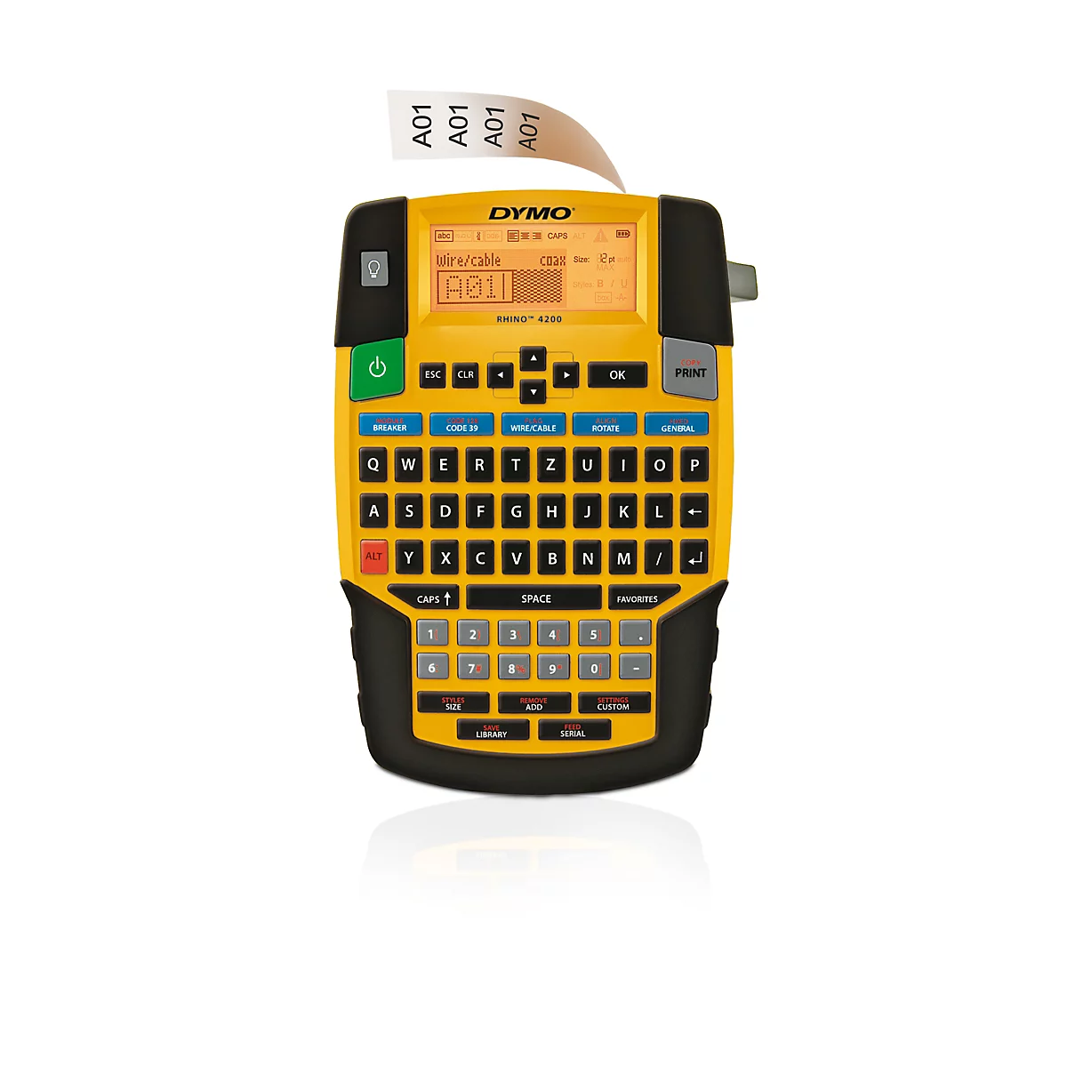 Gelbes DYMO Beschriftungsgerät Rhino 4200 mit QWERTZ-Tastatur und einem gedruckten Etikett, das oben herauskommt.