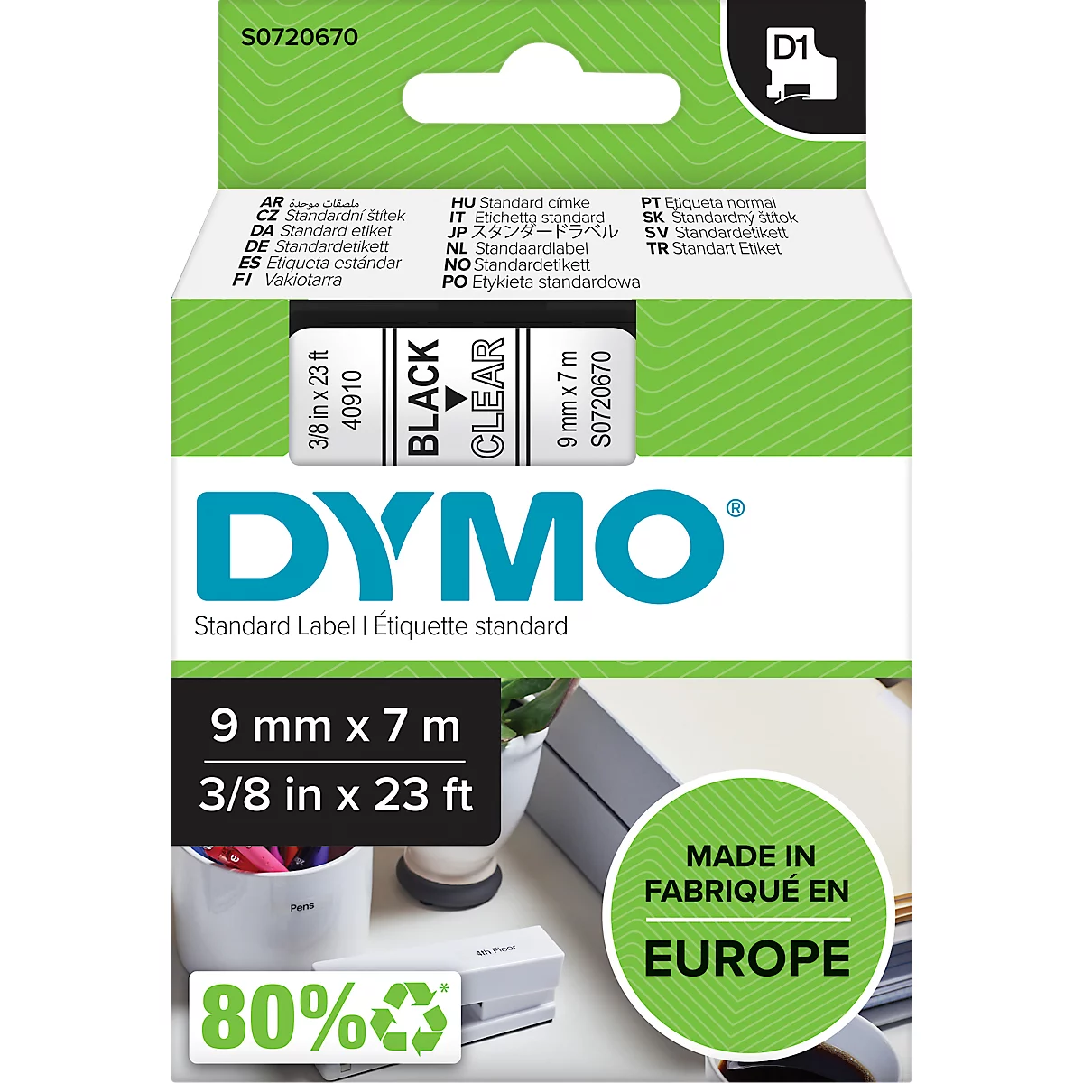 DYMO® Cassette de ruban D1 40910, 9 mm, transparent/noir