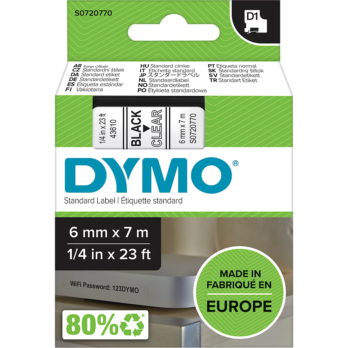 DYMO® Cassette de ruban D1 43610, largeur 6 mm, transparent/noir