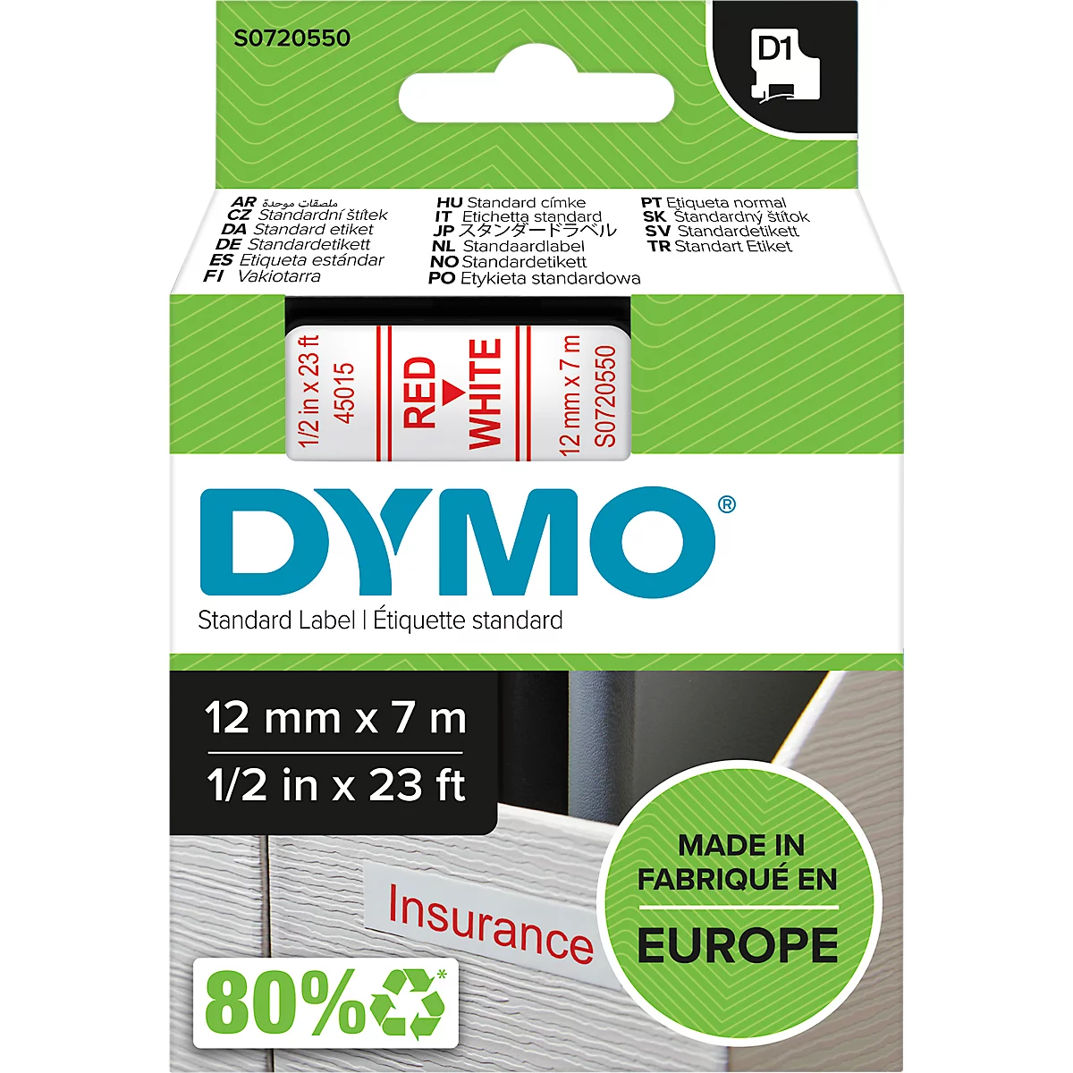 DYMO® Cassette de ruban D1 45015,12 mm de large, blanc/rouge