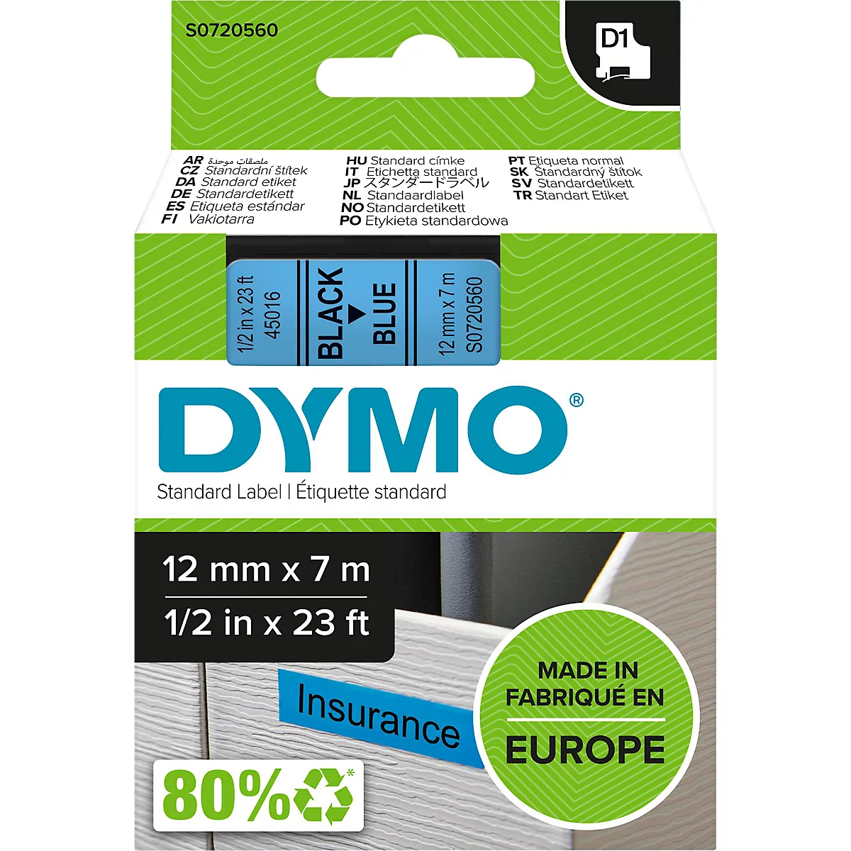 DYMO® Cassette de ruban D1 45016, largeur 12 mm, bleu/noir