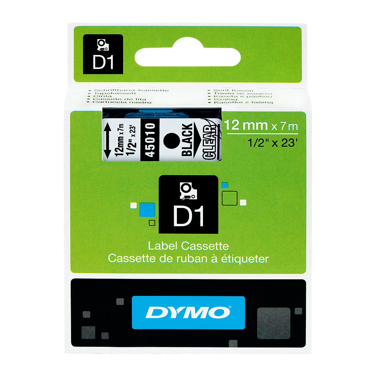DYMO® Cassette de ruban D1 45310, largeur 12 mm, transparent/noir