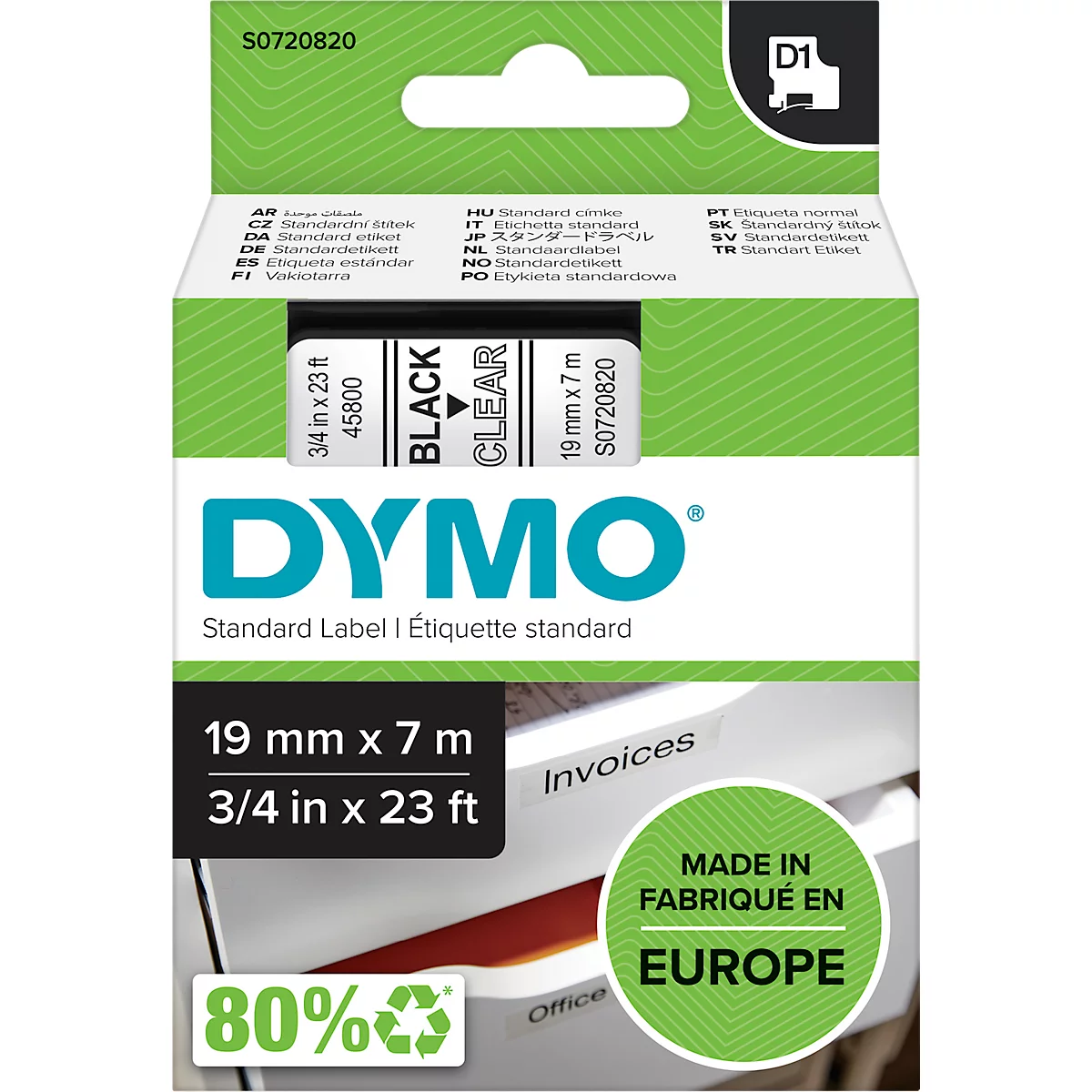 DYMO® Cassette de ruban D1 45800, 19 mm, transparent/noir