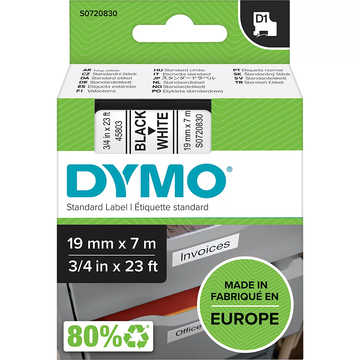 DYMO® Cassette de ruban D1 45803, largeur 19 mm, blanc/noir
