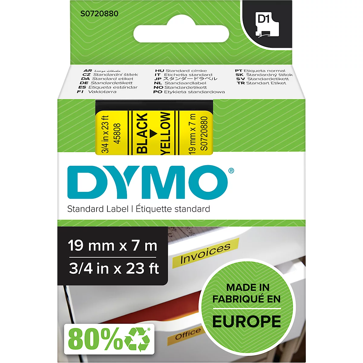 DYMO® Cassette de ruban D1 45808, 19 mm, jaune/noir