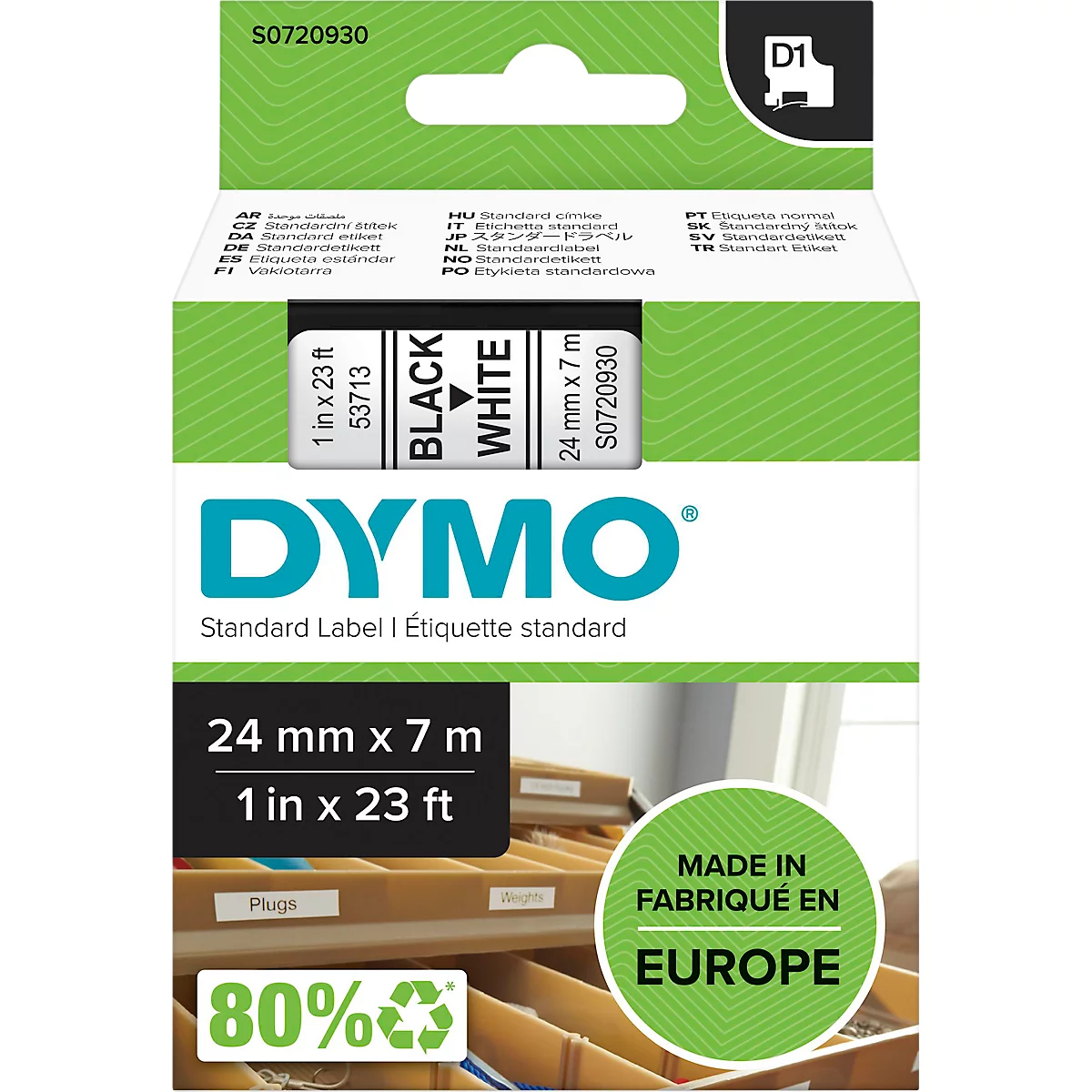 DYMO® Cassette de ruban D1 53713, 24 mm, blanc/noir