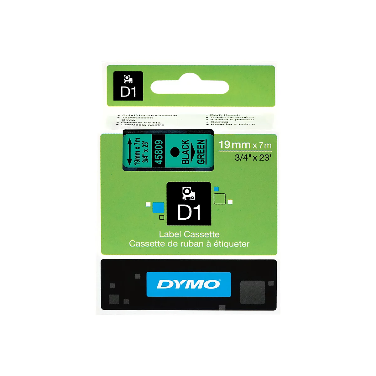 Grüne Dymo D1 Etikettenkassette, 19mm x 7m, schwarzer Druck auf grünem Band.