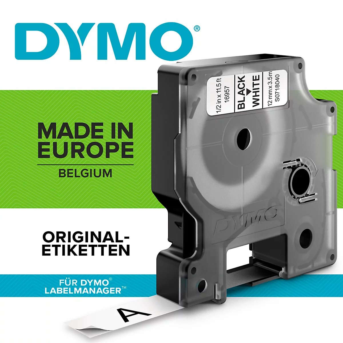 DYMO label tape with the letter "A". Prints: "Made in Europe, Belgium", "Original Labels" and technical data.