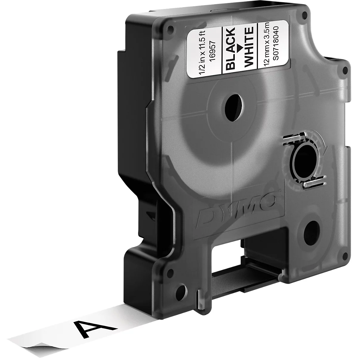 Dymo label maker with a black case and a white label showing the letter A. The label roll is partly transparent.