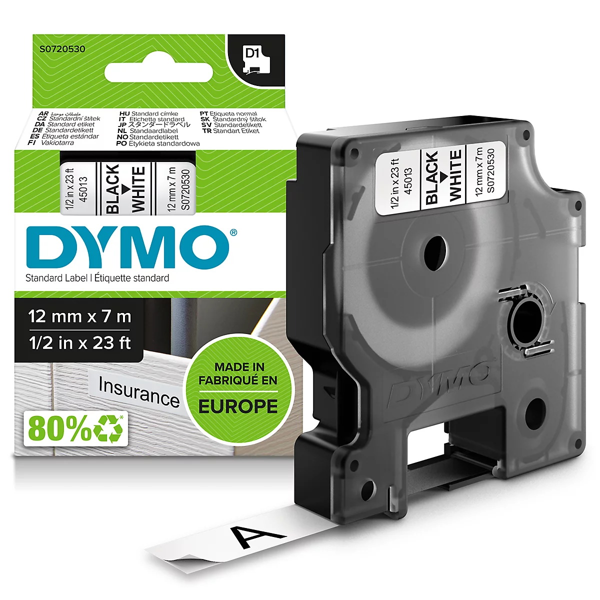 Étiqueteuse DYMO noire. Texte : "La meilleure façon d'étiqueter". Textes supplémentaires : "Matériau recyclé", "Emballage certifié FSC".