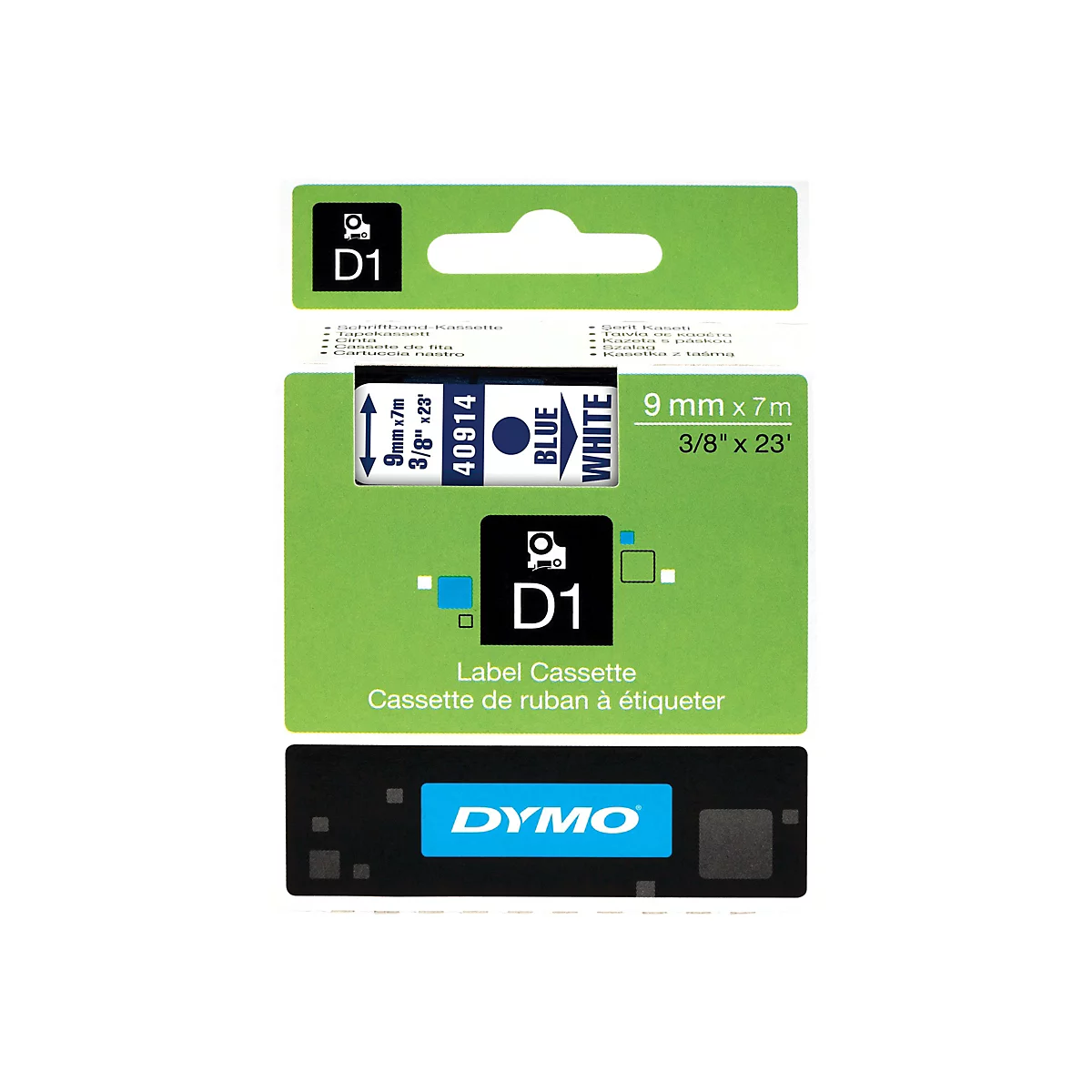 Dymo D1 Schriftband-Kassette 9mm auf 7m, blau auf weiß, in grüner Verpackung.