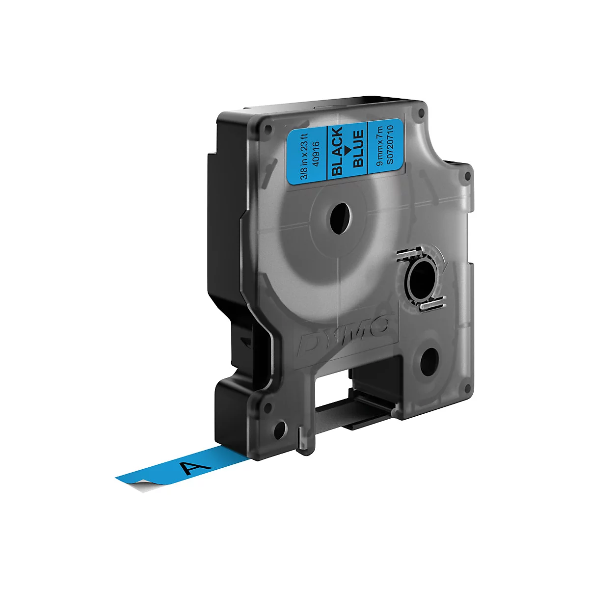 Dymo Schriftbandkassette mit blauem Band und schwarzem Druck auf weißem Hintergrund.