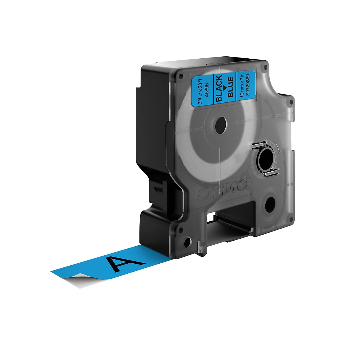 DYMO Etikettenkassette mit blauem Band und schwarzem Druck vor weißem Hintergrund.