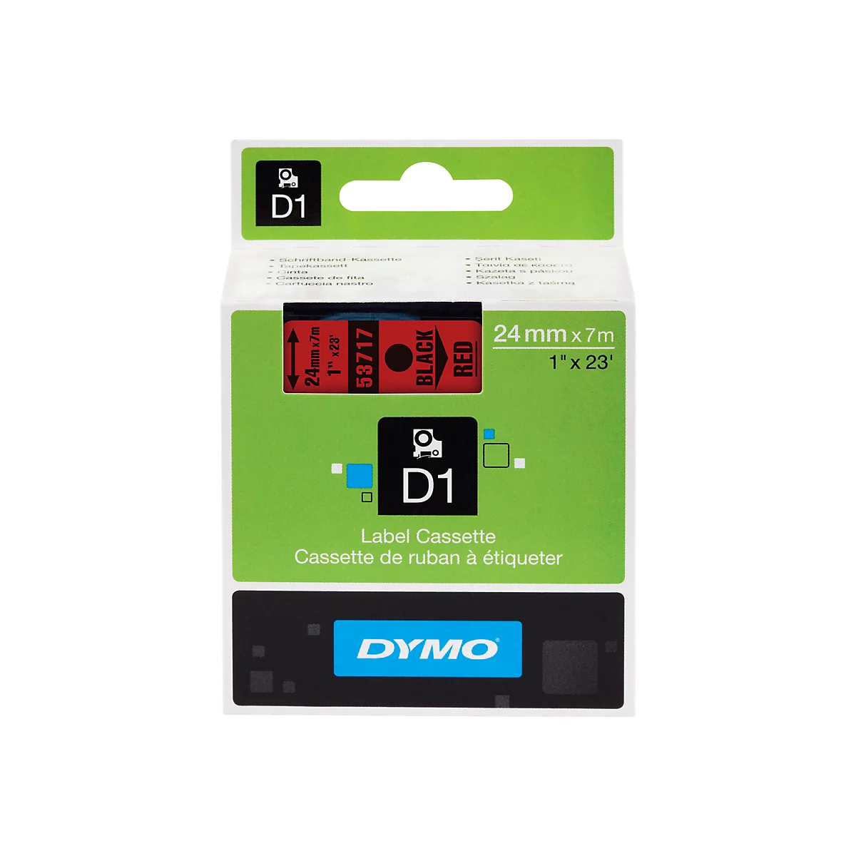 Dymo D1 Etikettenkassette, 24 mm x 7 m, schwarzer Text auf rotem Band, in grüner Verpackung.