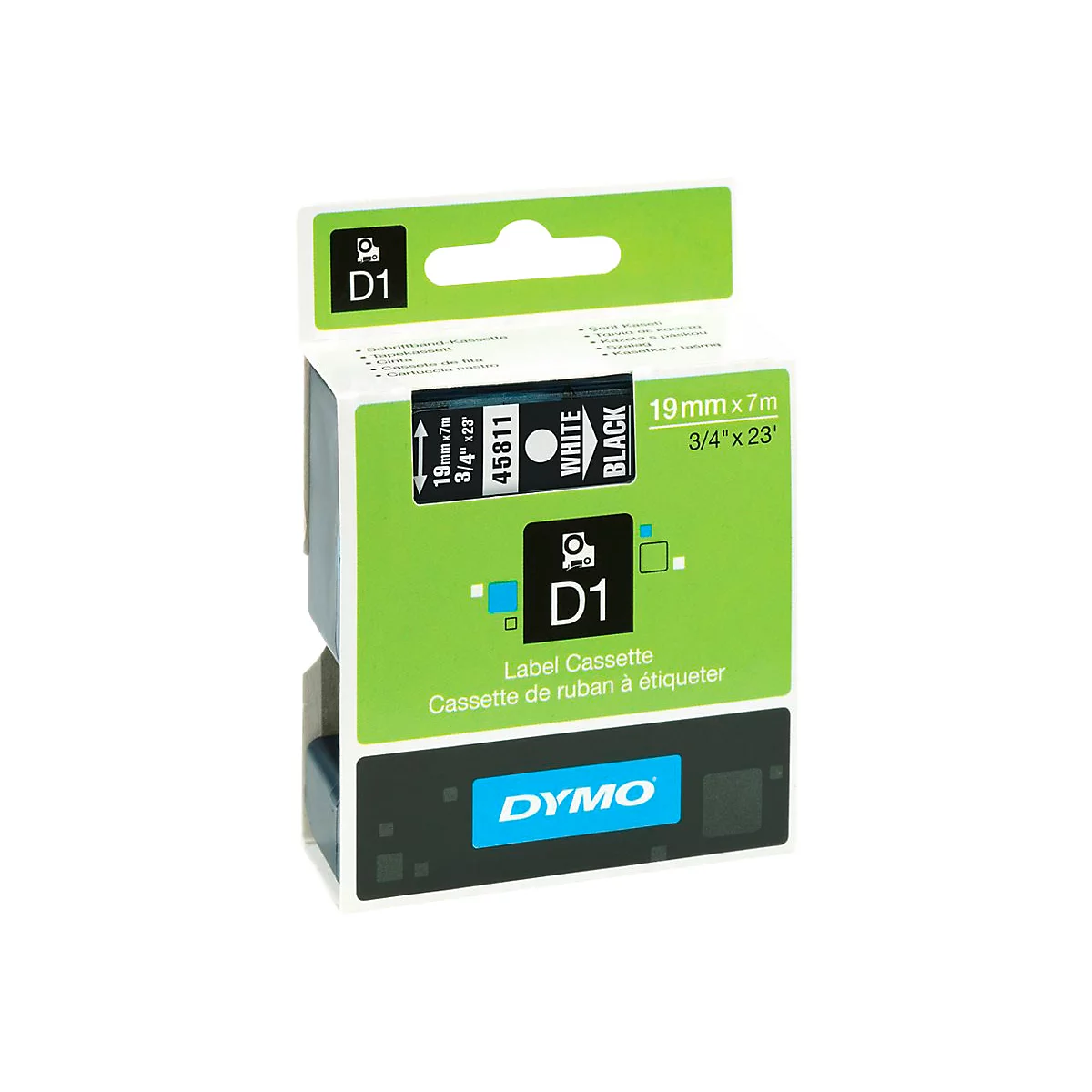 Dymo D1 Schriftband-Kassette 19mm x 7m, schwarz auf weiß, in grüner Verpackung.