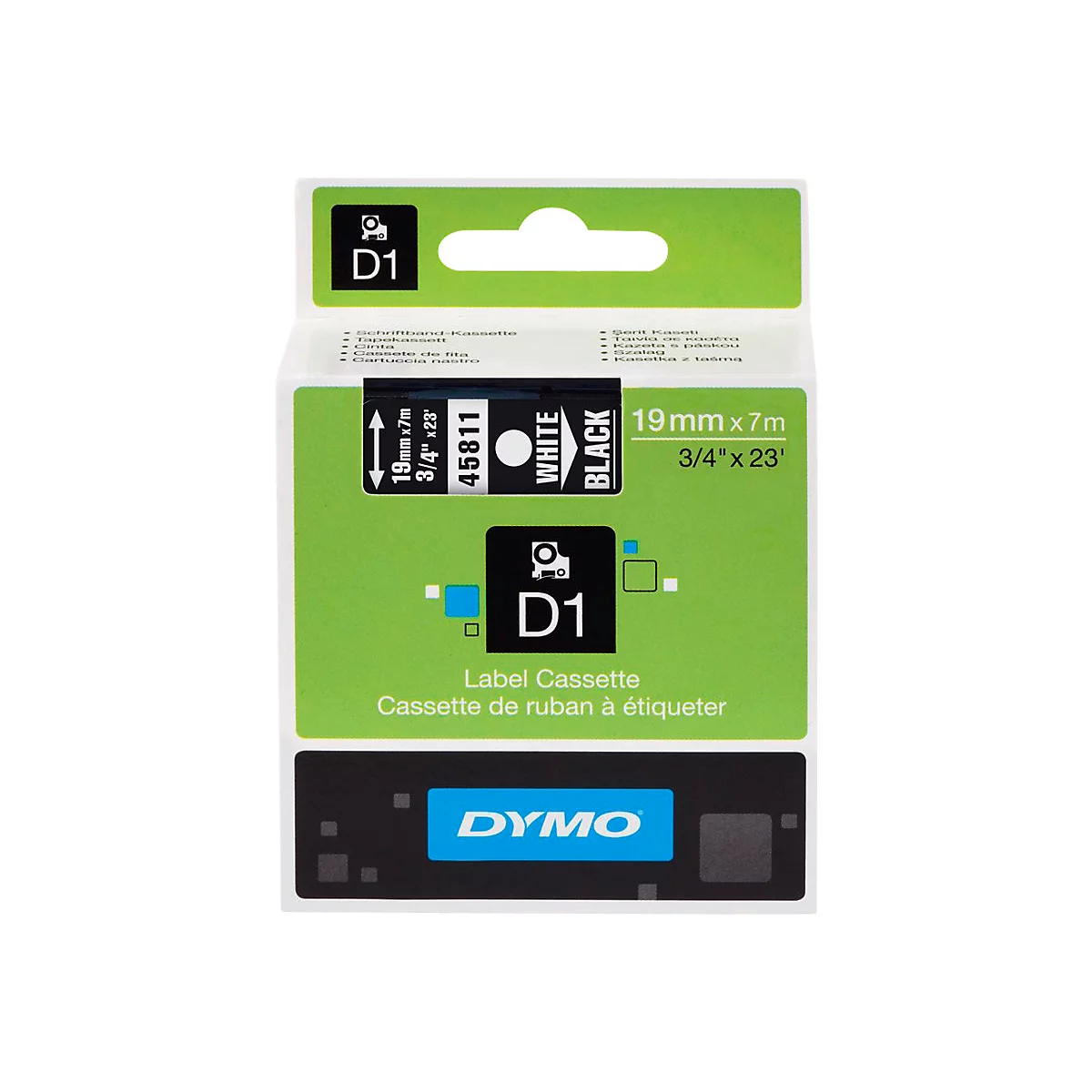 Dymo D1 Schriftband-Kassette 19mm x 7m in weiß auf schwarzem Band, verpackt in einer grün-weißen Pappschachtel.