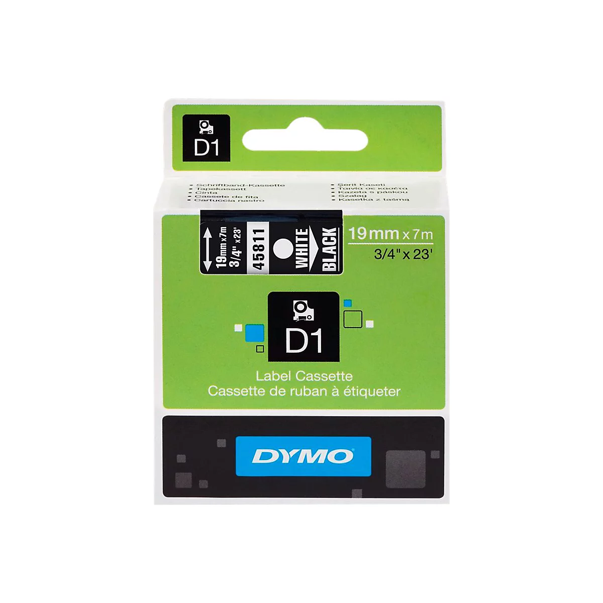 Dymo D1 Schriftband-Kassette, 19mm auf 7m, weiße Schrift auf schwarzem Band in grüner Verpackung.