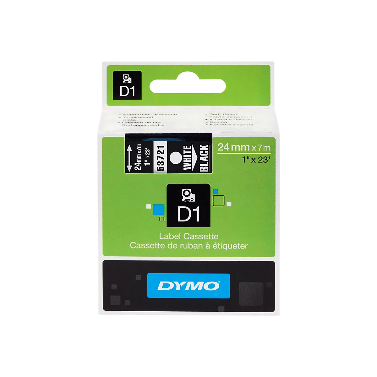 DYMO D1 Etikettenkassette, 24 mm x 7 m, weißes Band mit schwarzer Schrift in grüner Kartonverpackung.