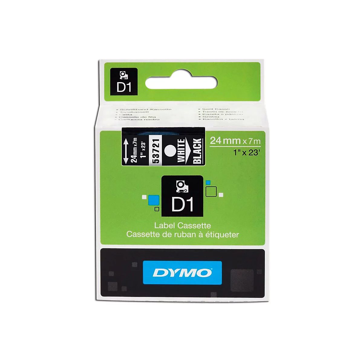 Dymo D1 Schriftbandkassette in weiß auf schwarz, 24mm Breite, in grüner Verkaufspackung.