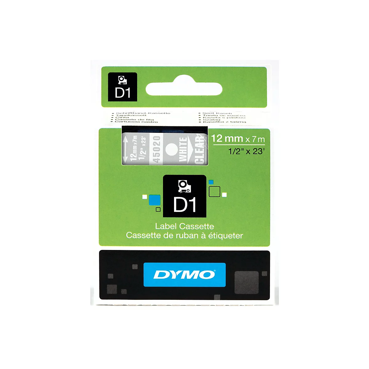Dymo D1 Schriftband-Kassette, 12 mm x 7 m, weiße Schrift auf durchsichtigem Band in grüner Verpackung.