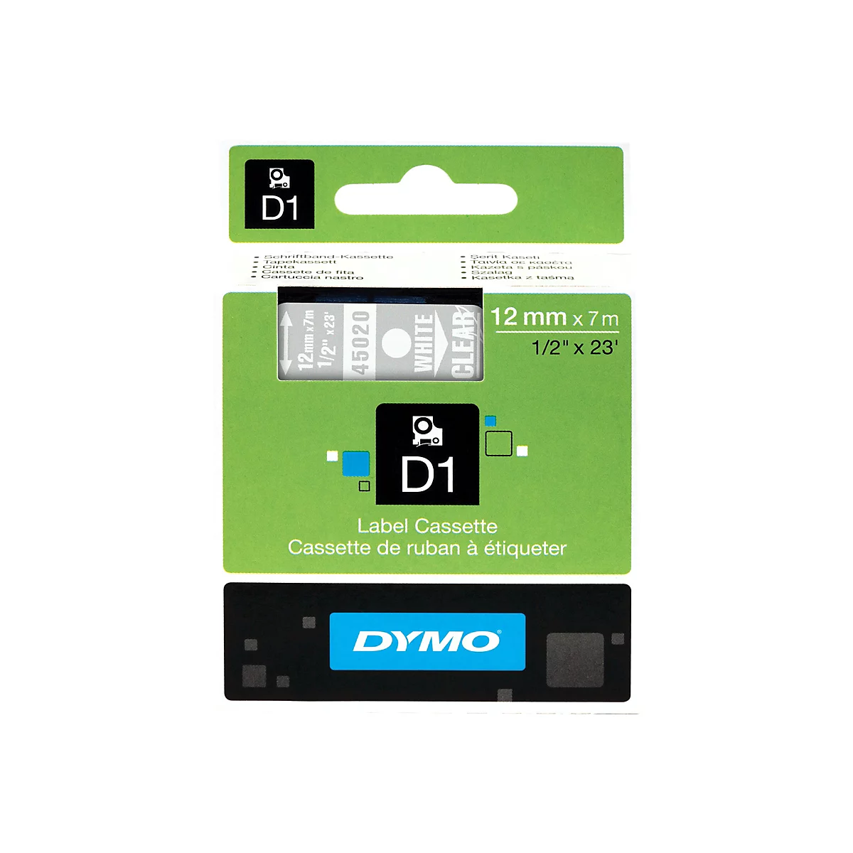 Grüne Dymo D1 Schriftband-Kassette 12 mm x 7 m in Originalverpackung.