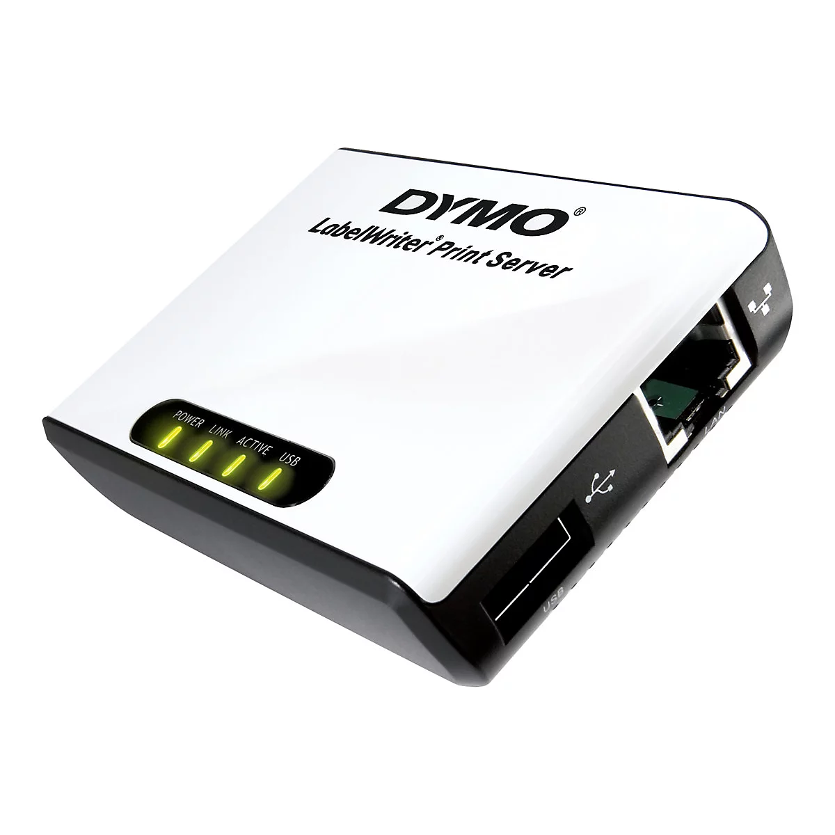 Dymo LabelWriter Print Server. Weißes Gerät mit schwarzen Elementen. Beschriftung: POWER, LINK, ACTIVE, USB.