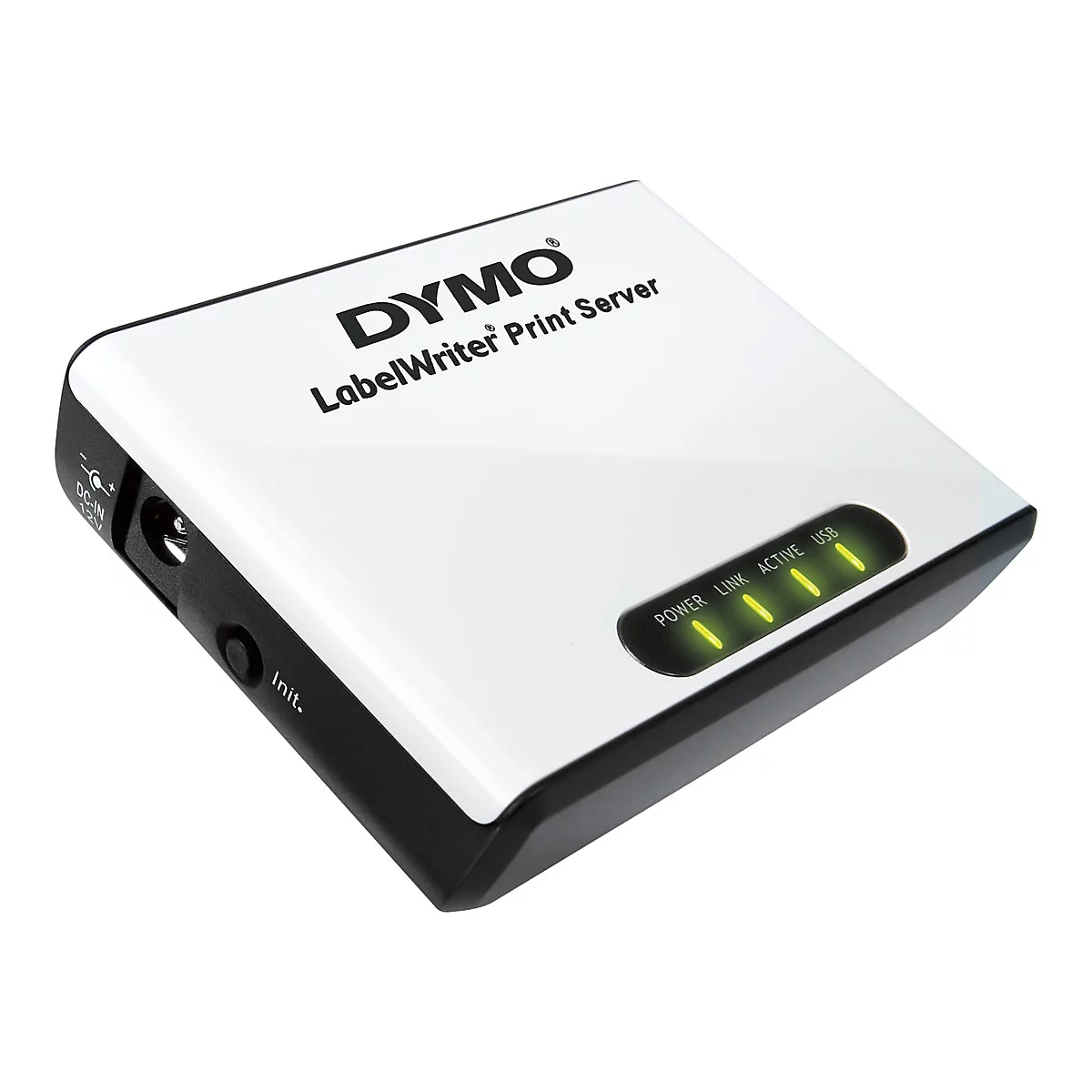 Ein weiß-schwarzer DYMO LabelWriter Print Server. Mit grünen LED-Leuchten für Strom, Link, Aktiv und USB.