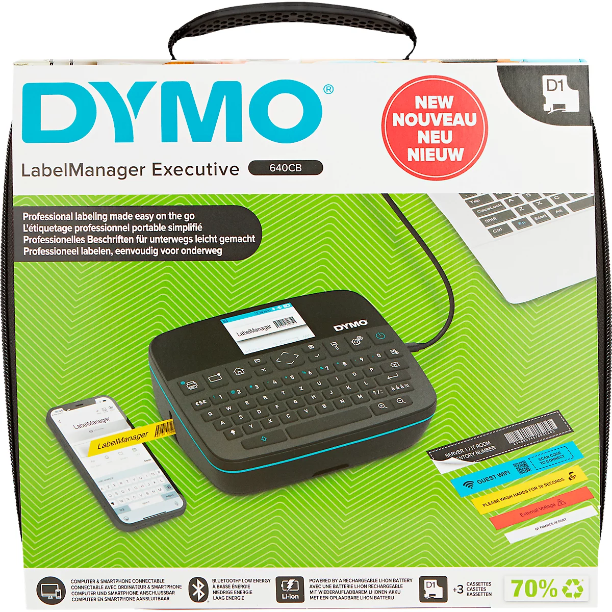 DYMO LabelManager Executive labelprinter met telefoon en labels. Tekst: Nieuw.