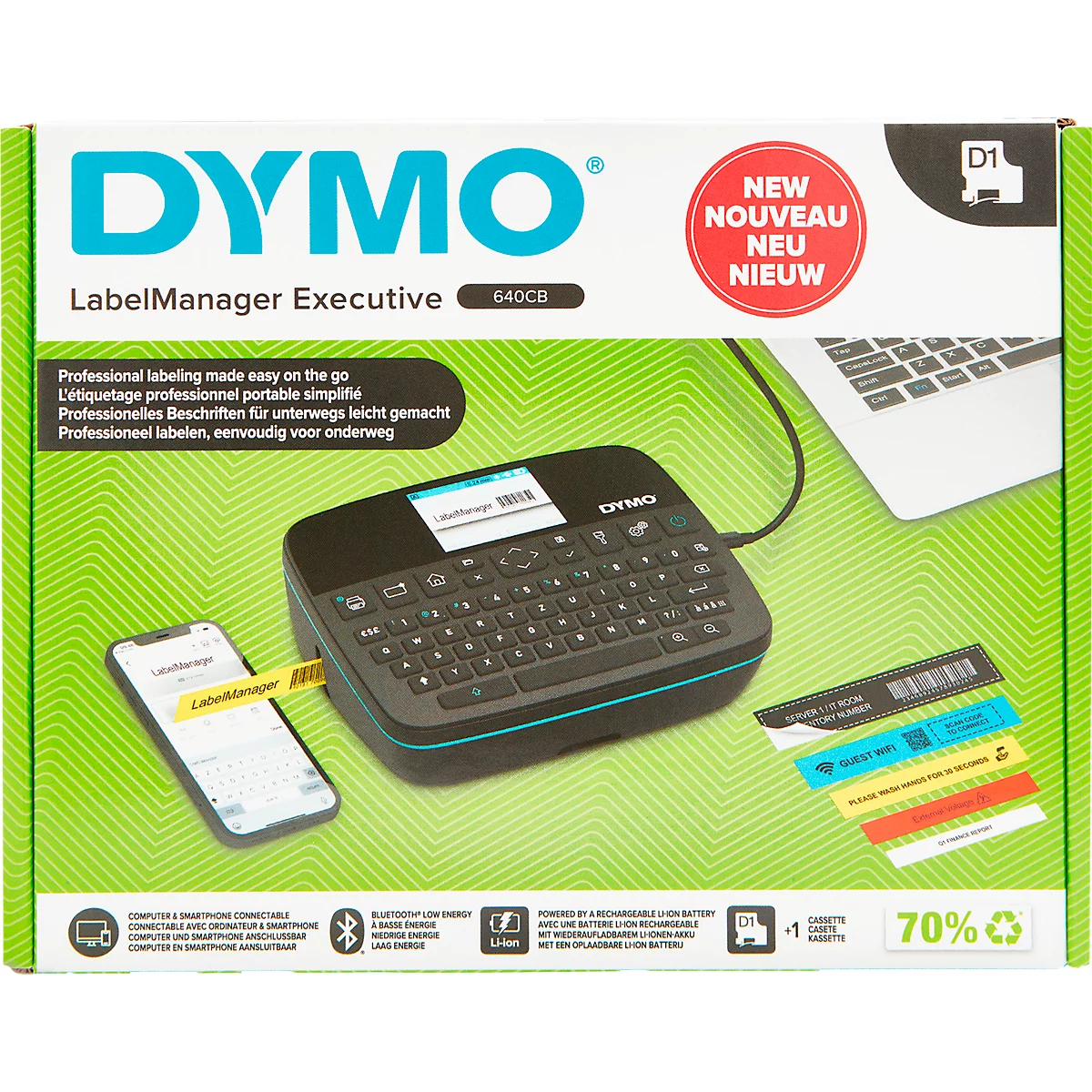 DYMO LabelManager Executive met toetsenbord, aangesloten smartphone en laptop. Gedrukte belettering.
