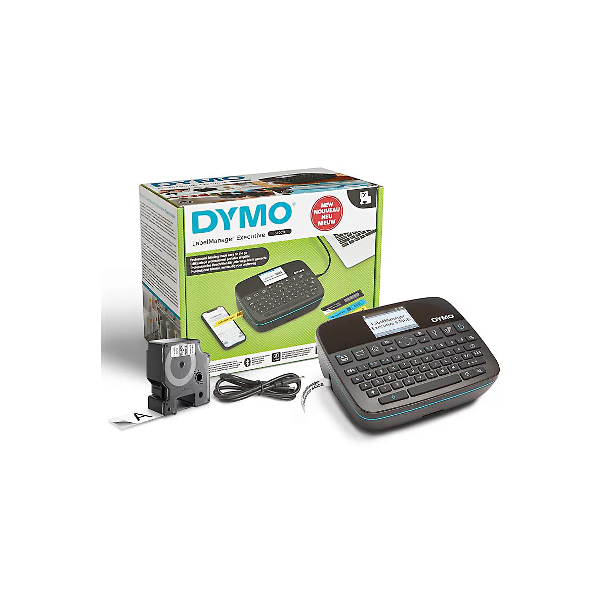 Dymo LabelManager Executive 360D. Étiqueteuse avec rouleau d'étiquettes, boîte et câble.