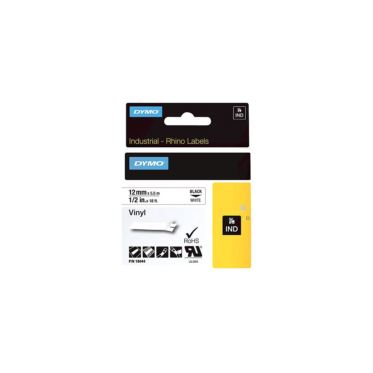 DYMO Rhino Industrieband, 12 mm breit, weißes Vinylband auf schwarzem Grund, Originalverpackung mit Produktinfos.