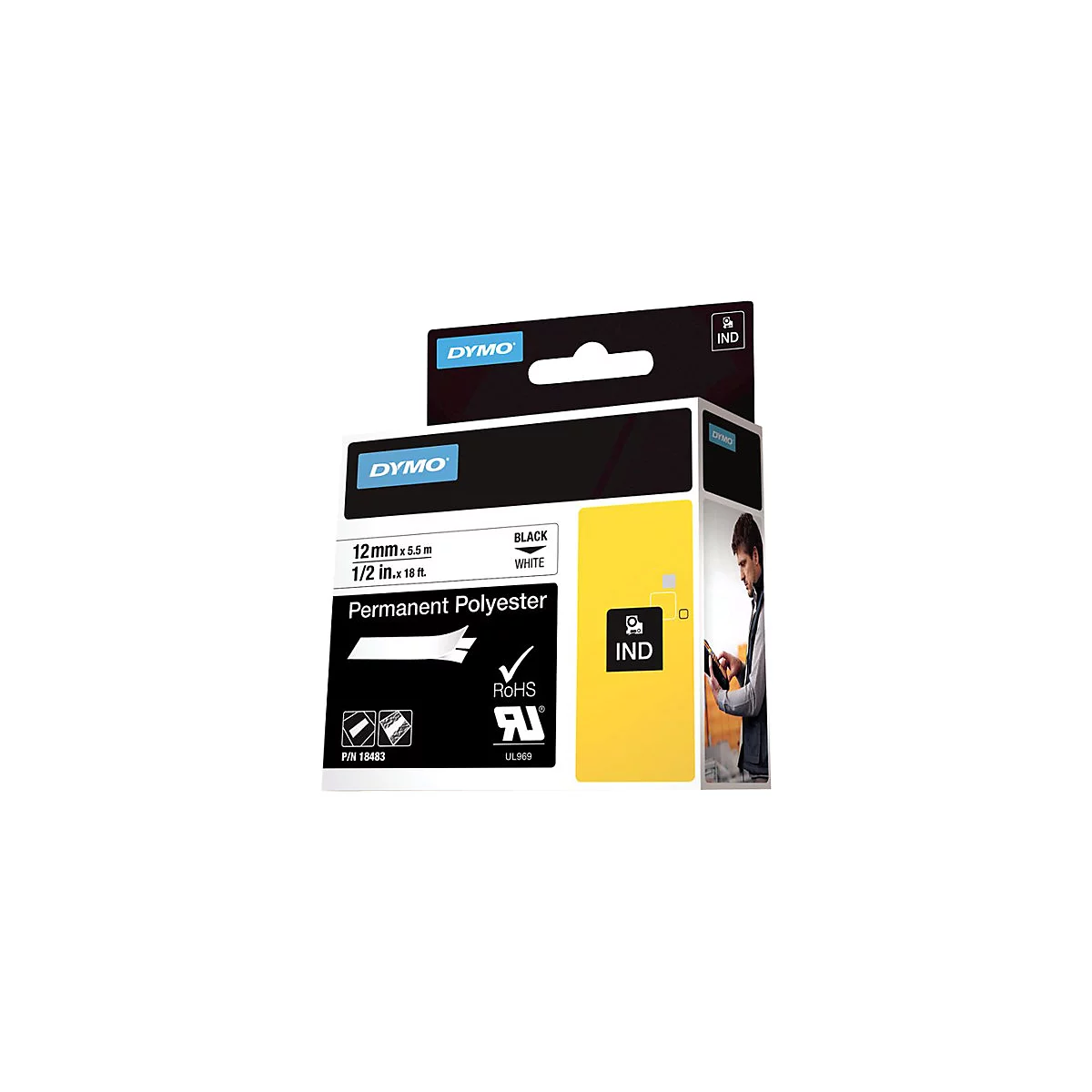Dymo Etikettenband, schwarz auf weiß, 12 mm x 5,5 m, Permanent Polyester, Industriequalität in der Verpackung.