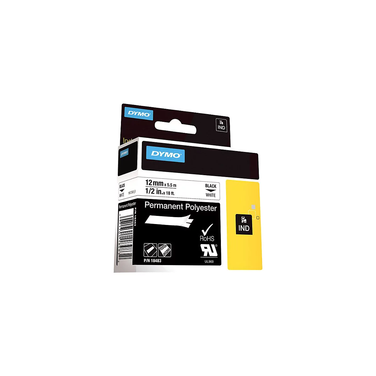 Dymo Etikettenkassette, 12mm x 5,5m, schwarzer Druck auf weißem, permanentem Polyesterband.