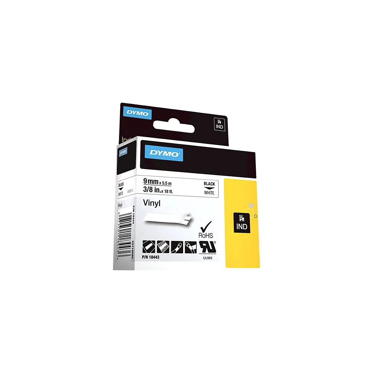 Dymo Vinyl-Etikettenkassette, 9mm x 5,5m, schwarz auf weiß, in Originalverpackung.