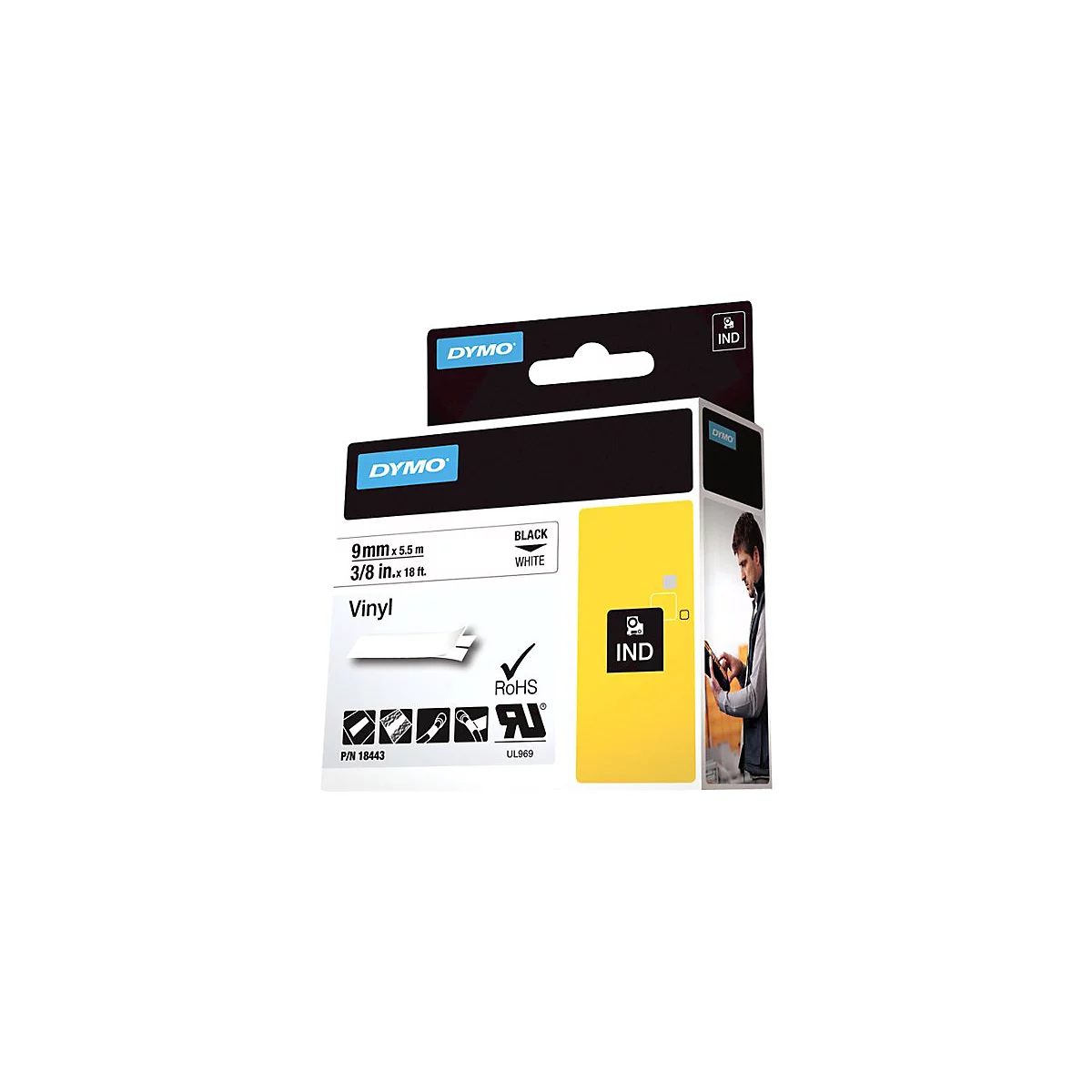 Dymo Industriebandkassette, 9mm Vinyl, schwarz auf weiß, P/N 18443, in Verpackung.
