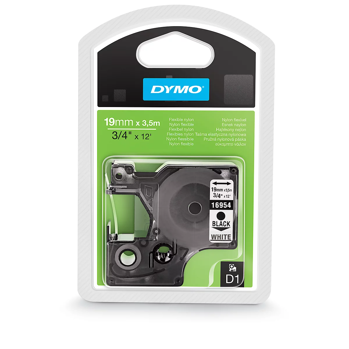 Label tape in packaging, with size details. Black tape, white font. DYMO print.