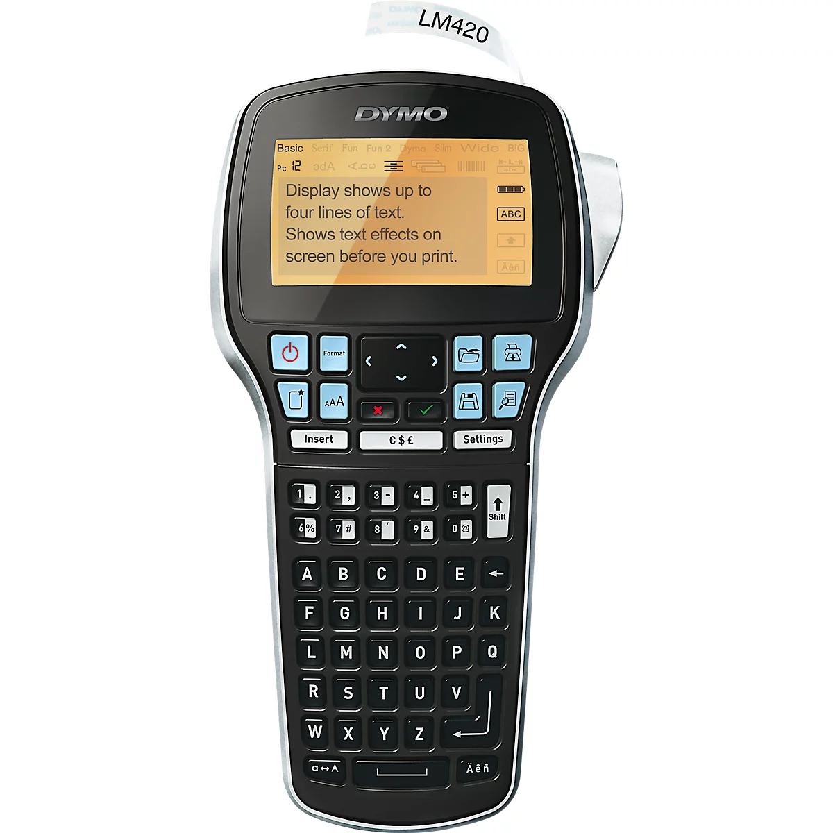 Top view of a black DYMO label maker with keyboard, display, and label tape.
