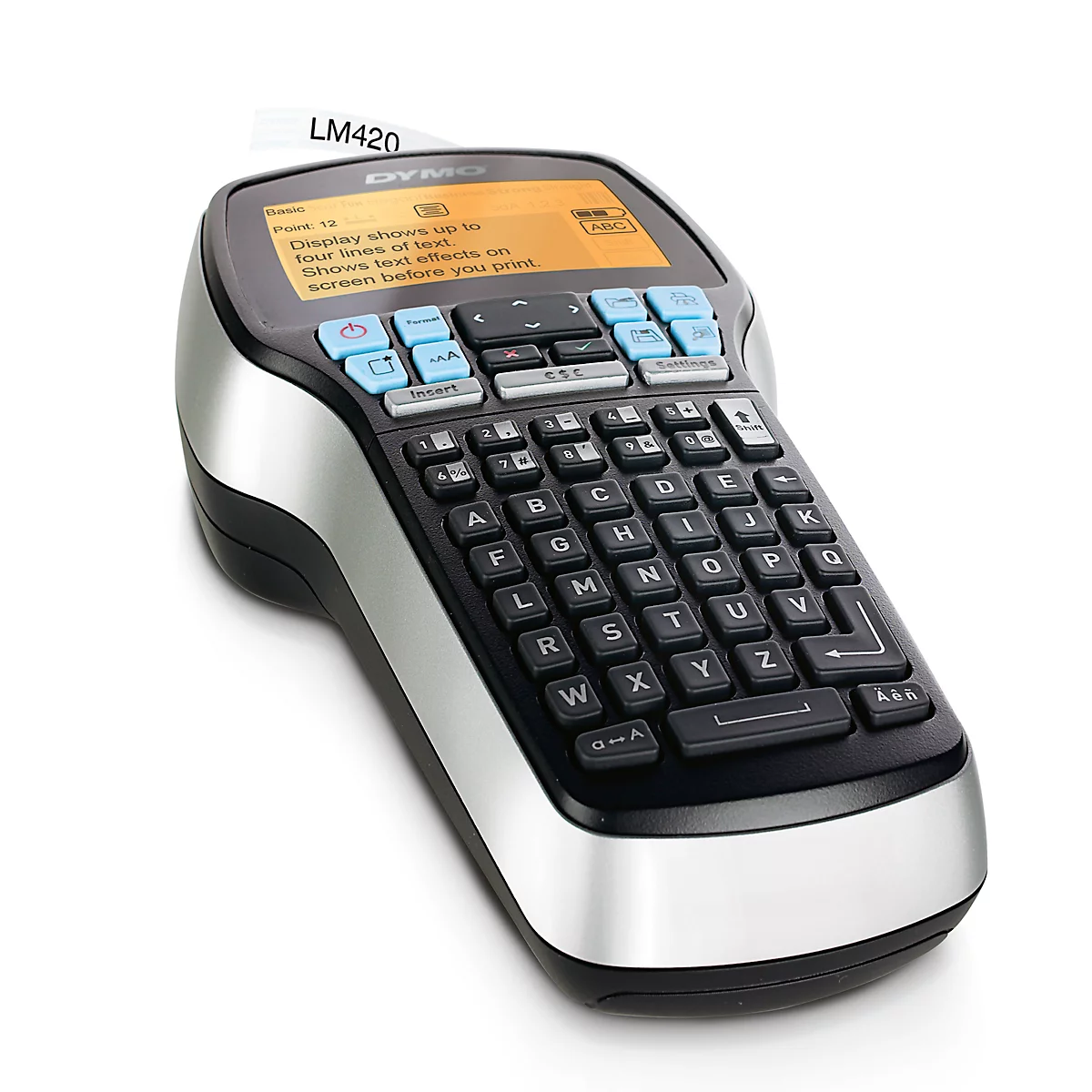 A black and silver label maker with keyboard and display, displaying the label LM420.