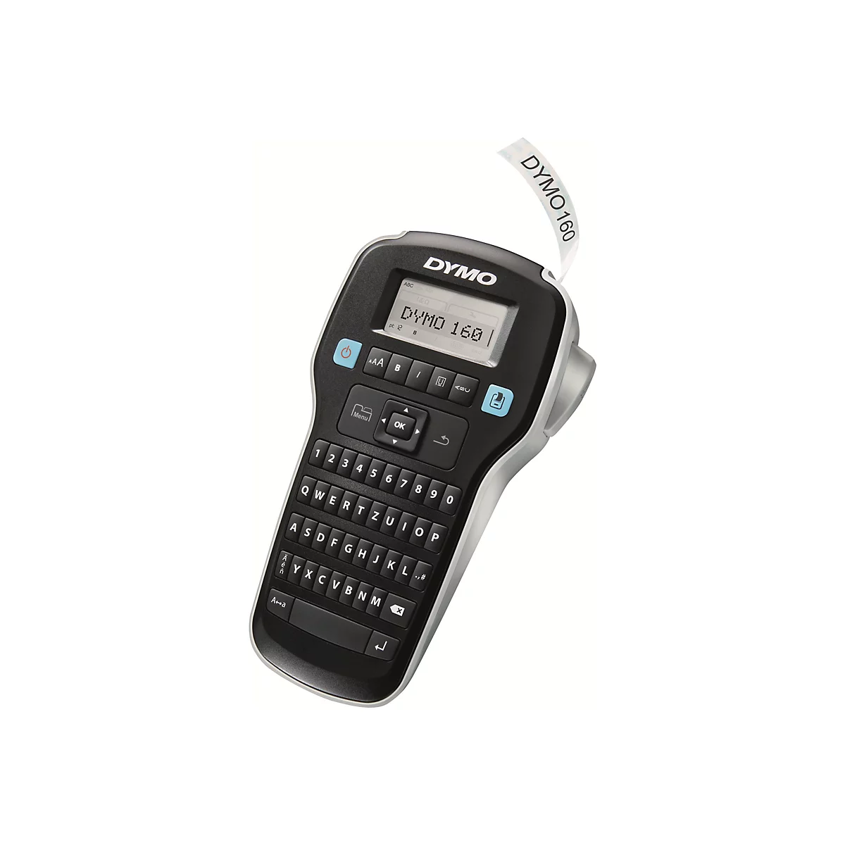 Vue de dessus d'une étiqueteuse noire DYMO 160 avec une étiquette blanche sortant de l'appareil. L'imprimante dispose d'un clavier et d'un écran.