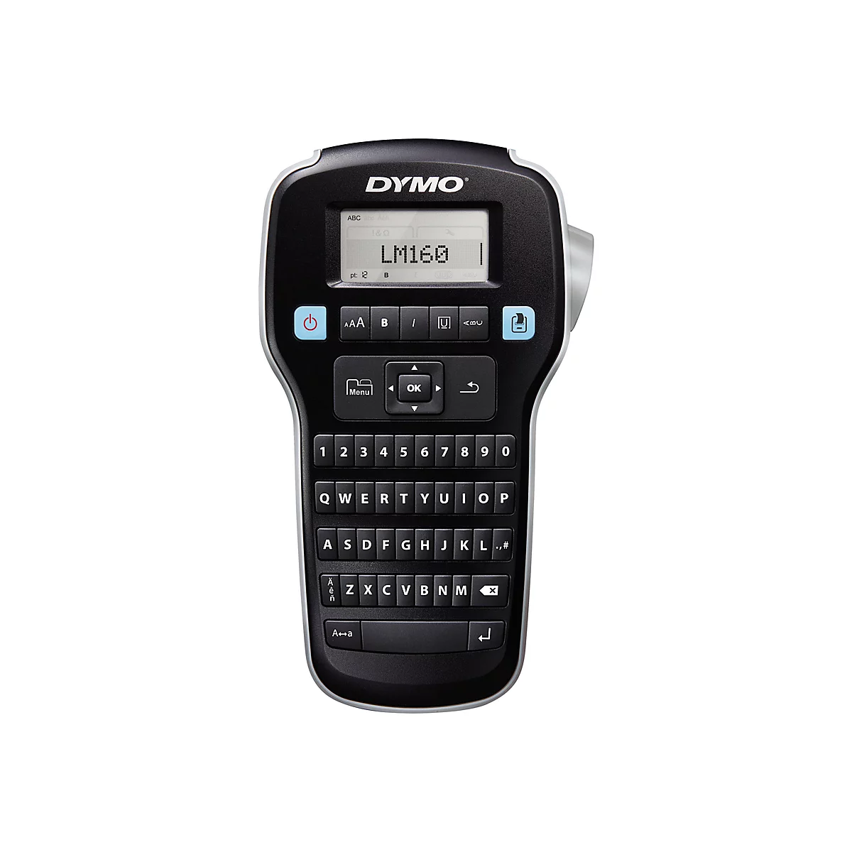 Une étiqueteuse DYMO LM160 noire avec un écran, un clavier et des boutons de commande. L'écran affiche 'LM160'. Sur fond blanc.