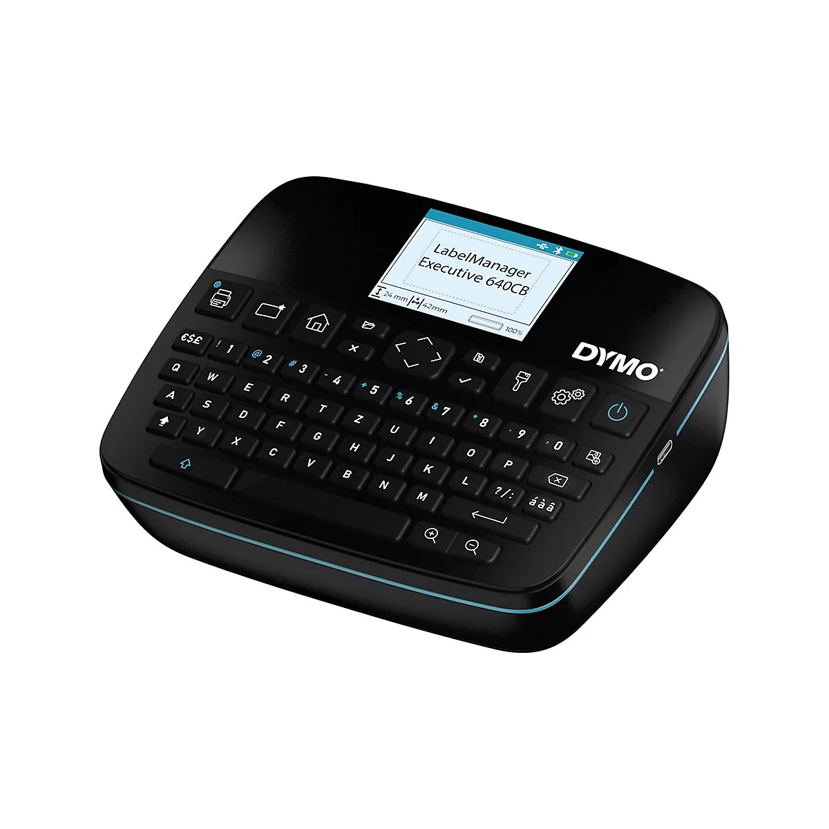 Schwarzer DYMO LabelManager 640CB Etikettendrucker mit Tastatur und Display.