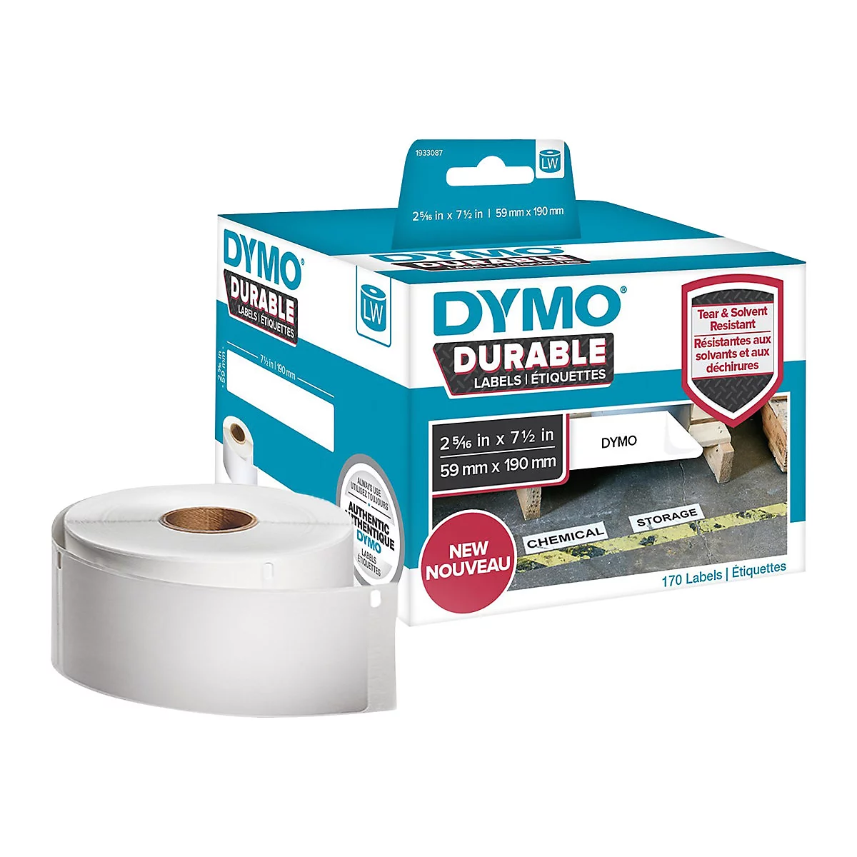 Dymo Durable Etikettenrolle in einer türkisfarbenen Verpackung mit Anwendungsbeispiel.