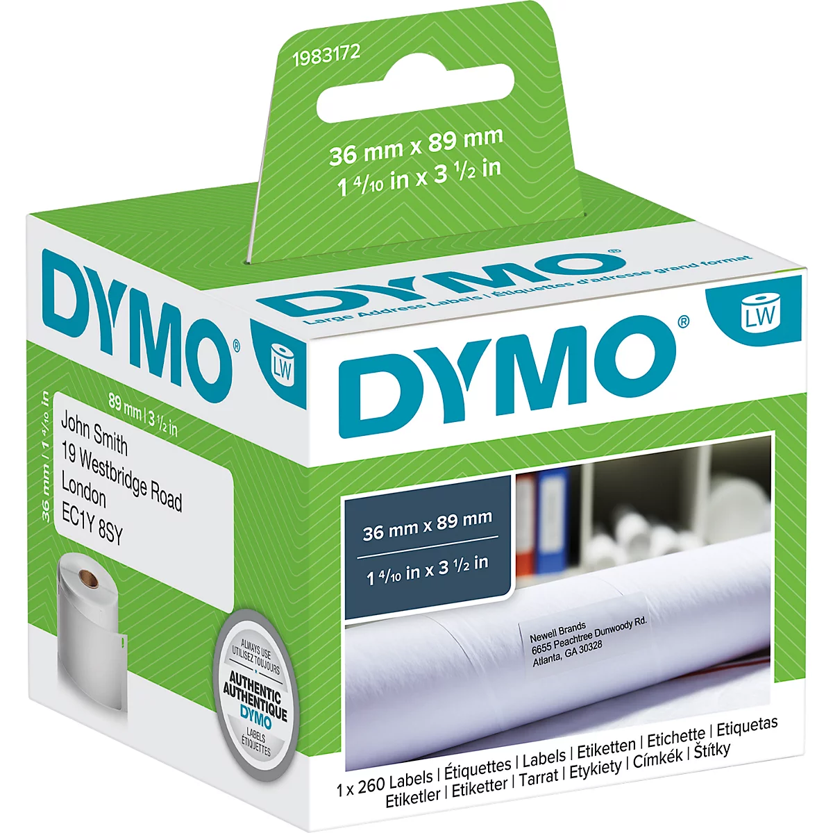 DYMO label box. Green and white packaging with logo and product information, including lettering in different languages.
