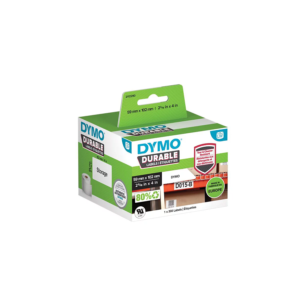 Verpackung mit Dymo Durable Etiketten, 59x102mm, für industrielle Lagerbeschriftung.