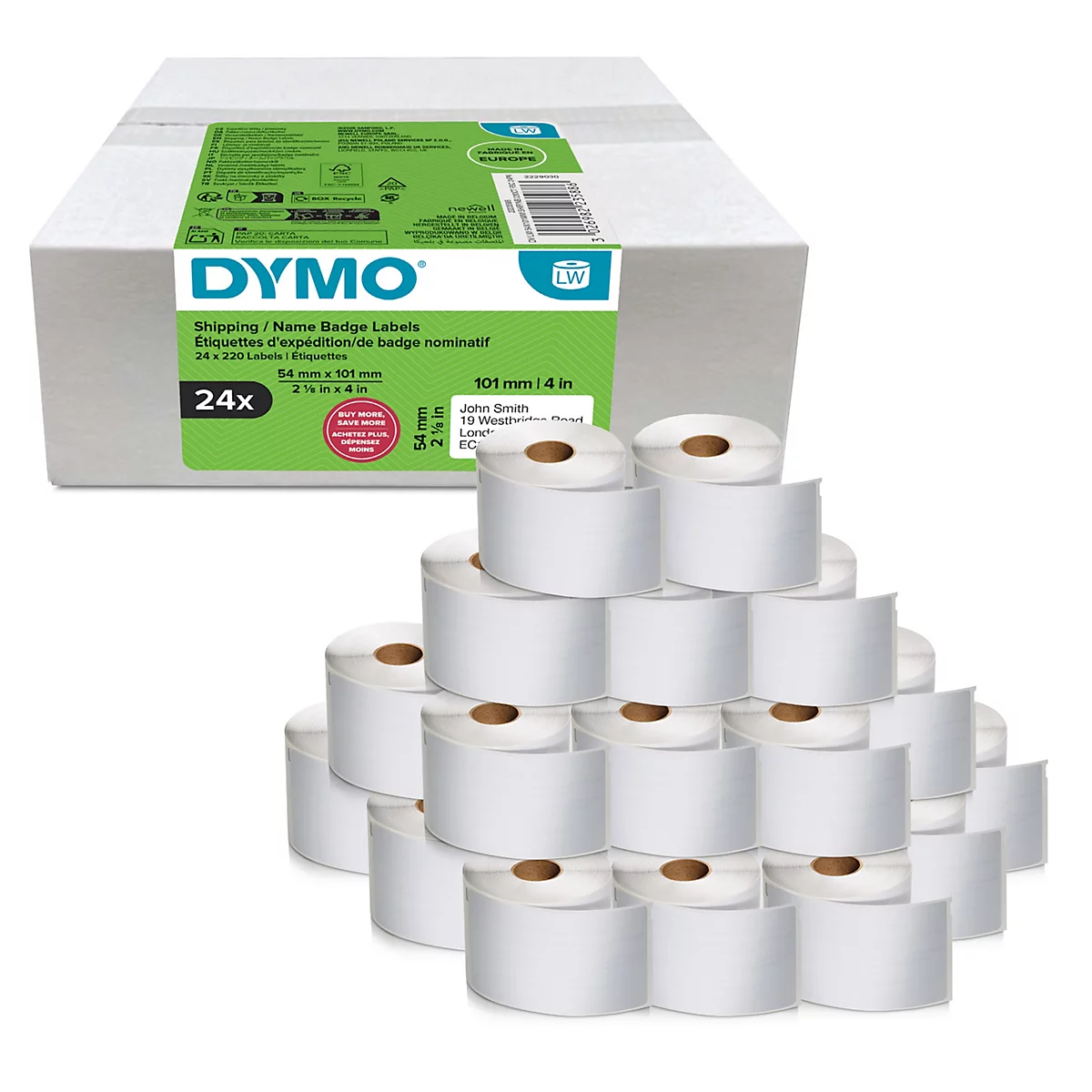 Dymo-Etiketten in einer Schachtel und als Rollen. Auf der Verpackung steht "Shipping / Name Badge Labels".