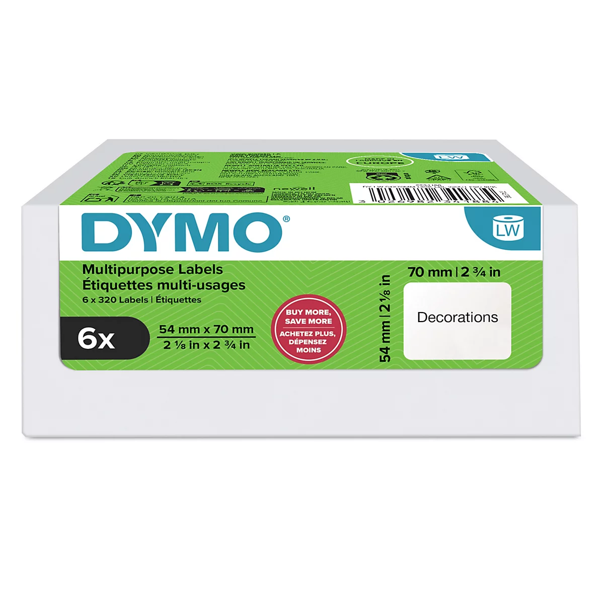 Eine Verpackung mit DYMO-Etiketten, Text in Deutsch und Französisch. Es gibt eine Etikette mit der Aufschrift "Dekorationen".